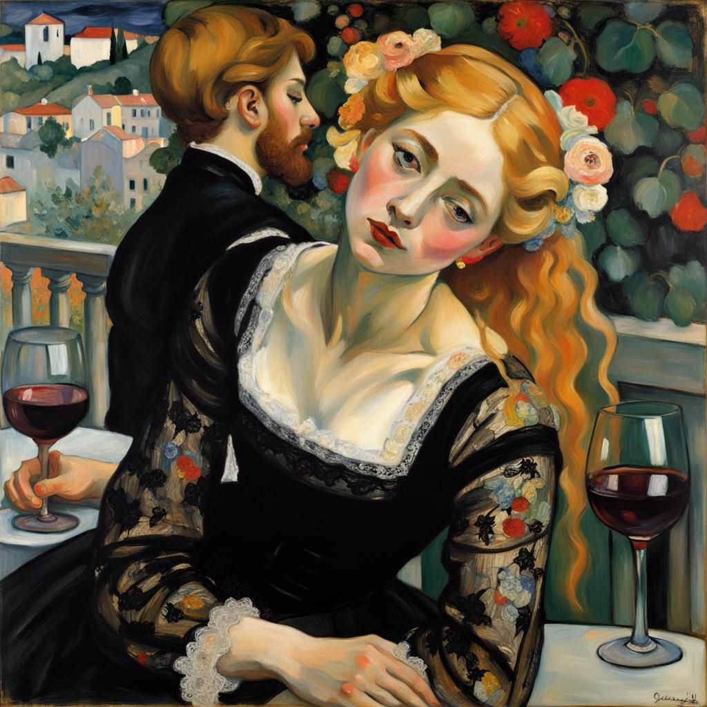 Woman Celebrates with Wine in Classical Art Style