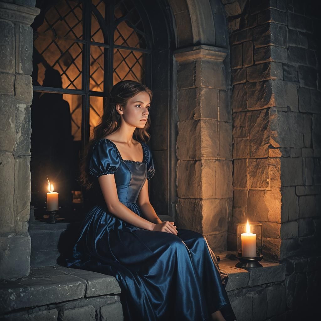 Girl in Blue Dress Gazing at Night, Dark Fantasy