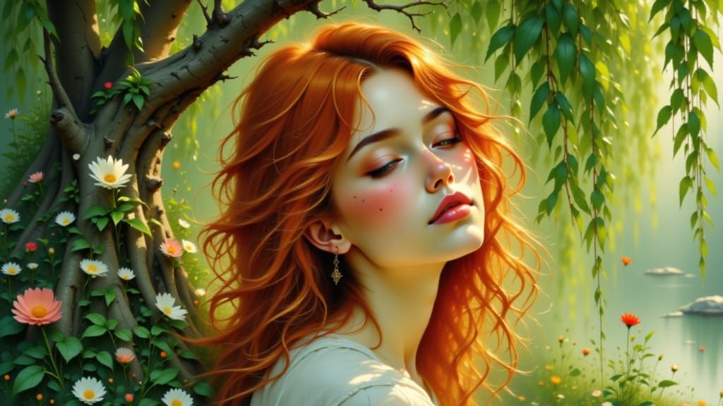 Serene Woman Under Weeping Willow