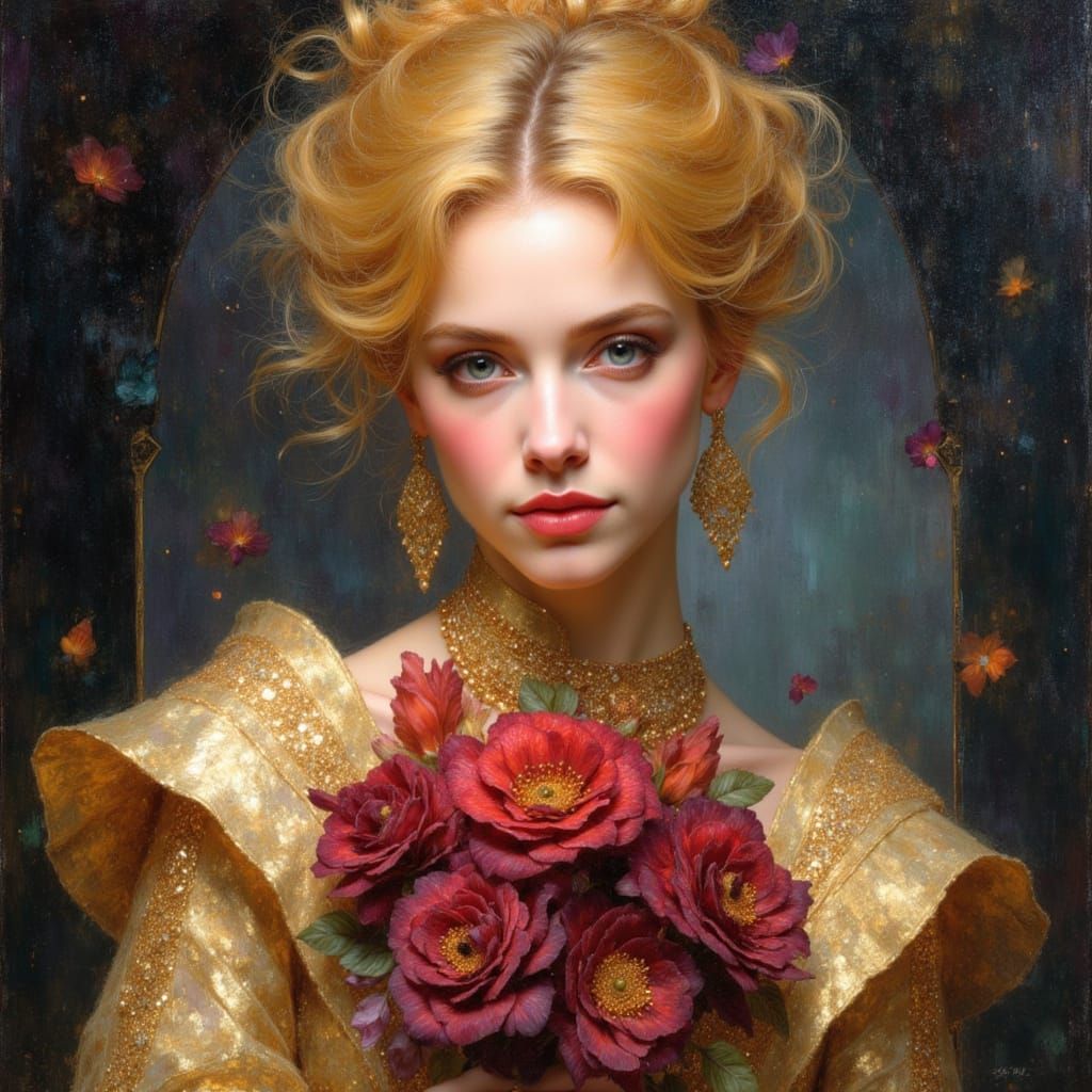 Elegant Woman in Gold Dress with Plum Roses