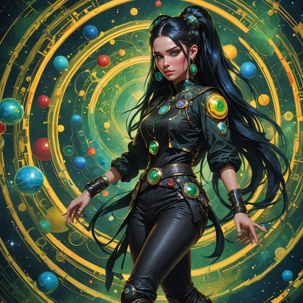 Rave Girl Dancing with Cosmic Orbs, Digital Art