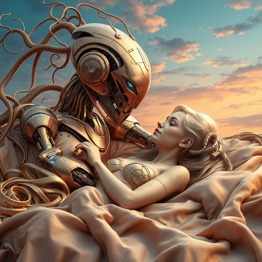Blonde Woman and Robot in Dreamlike Embrace