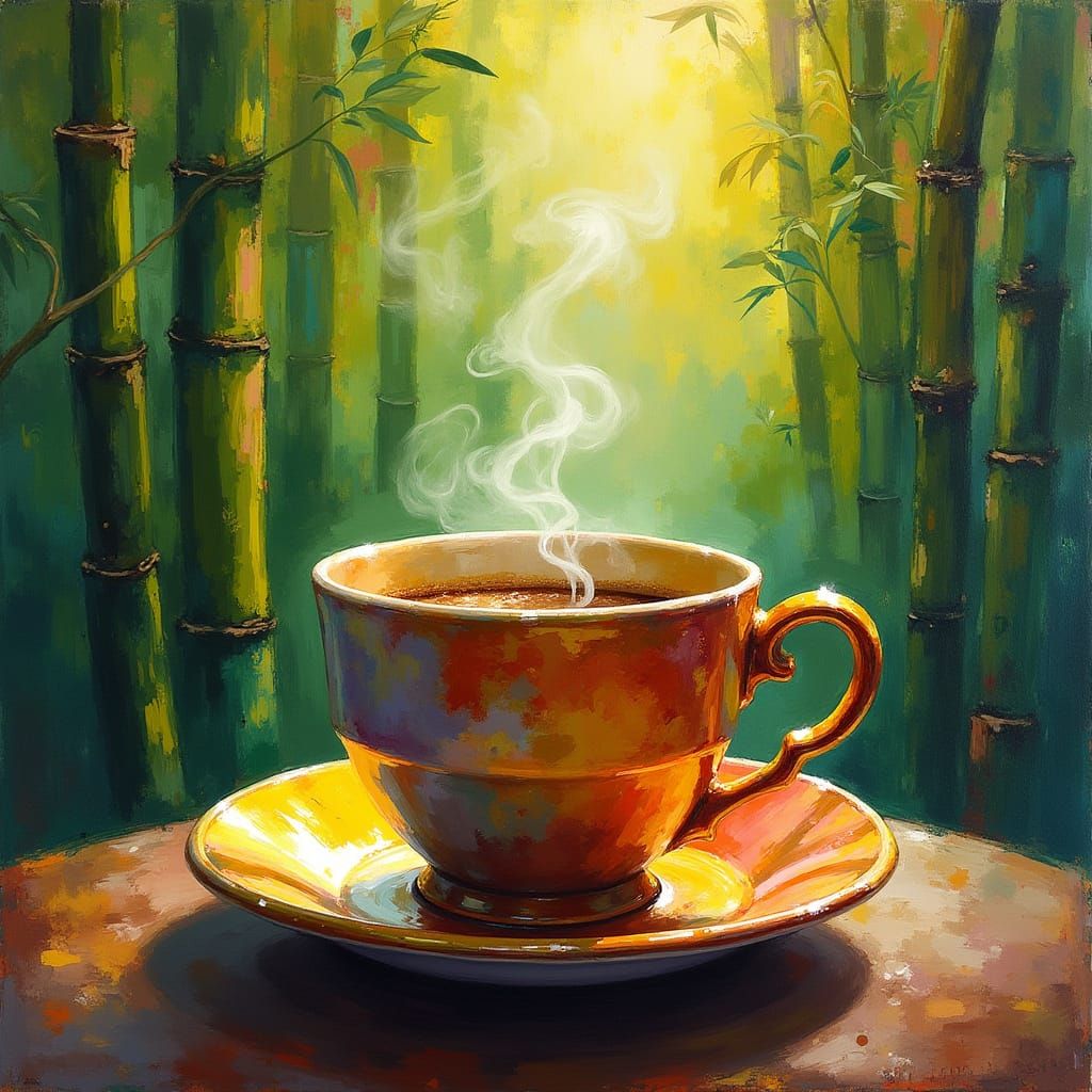 Vibrant fluid painting. Close-up of a coffee cup and saucer in the midst of a lush, critically endangered canebrake ecos...