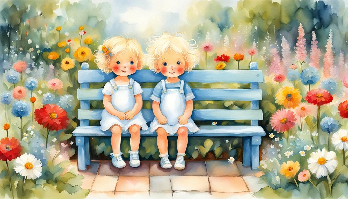 Happy Babies in Garden Square, Storybook Illustration