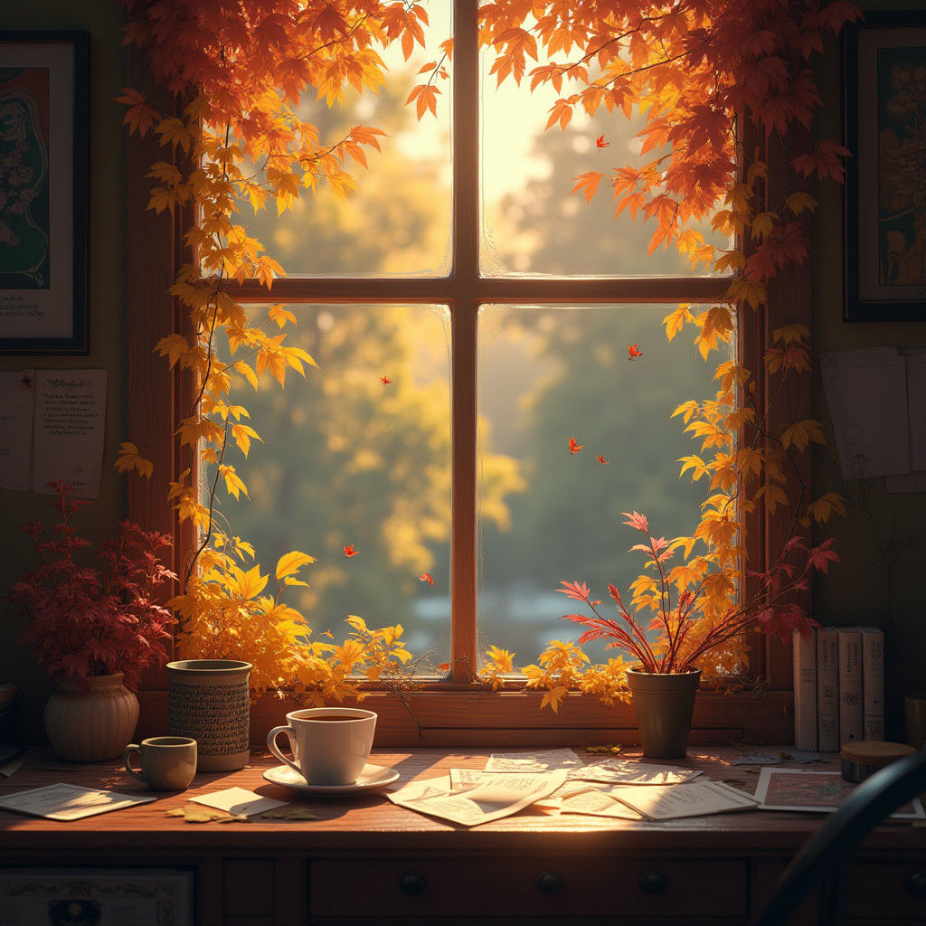 Cozy Fall Desk Scene in Digital Art Style