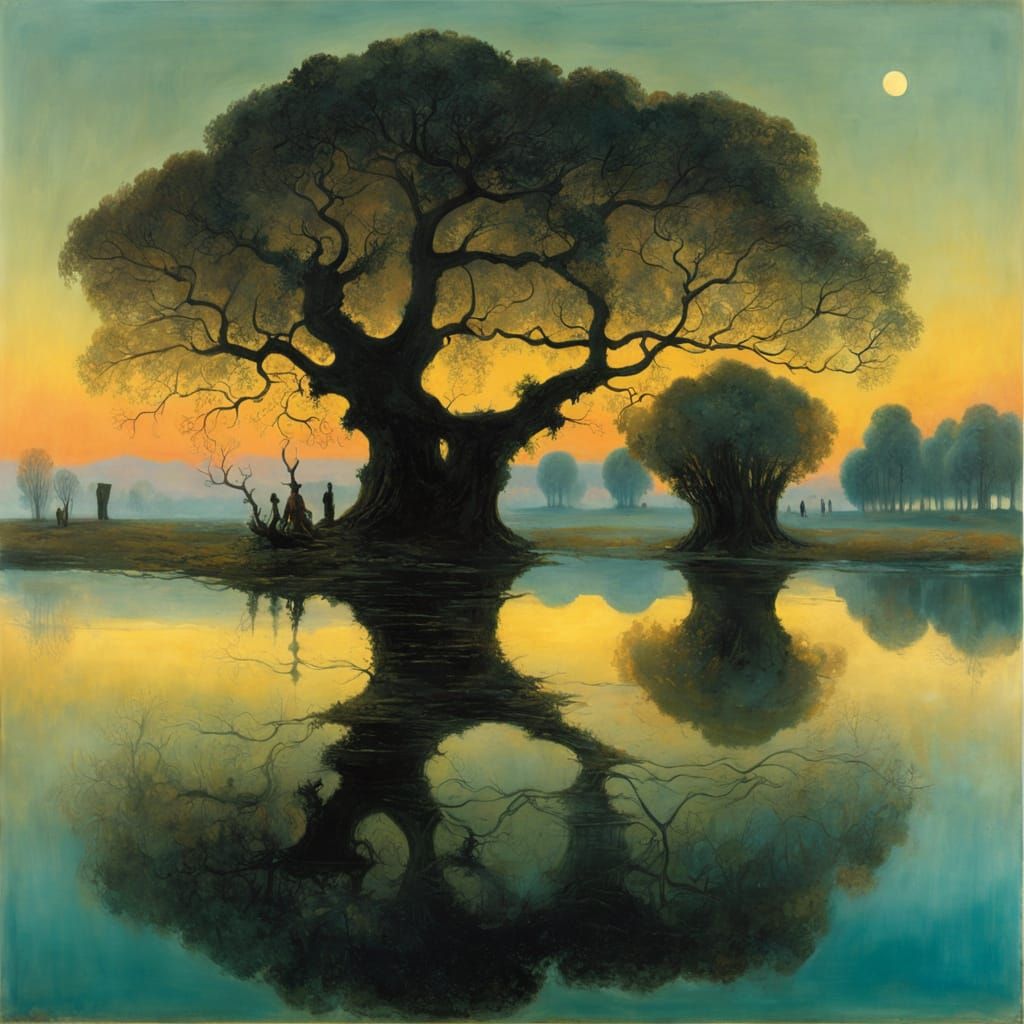 Ethereal Lake Landscape in Abstract Surreal Style