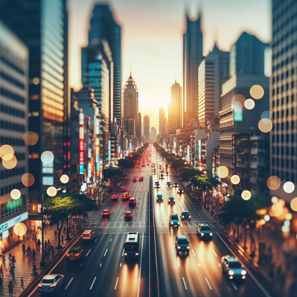 Urban Street Scene from Above in Photorealistic Style