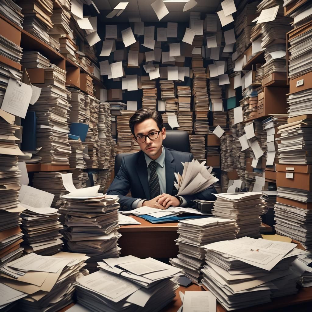 Overwhelmed Office Worker Amidst Paperwork