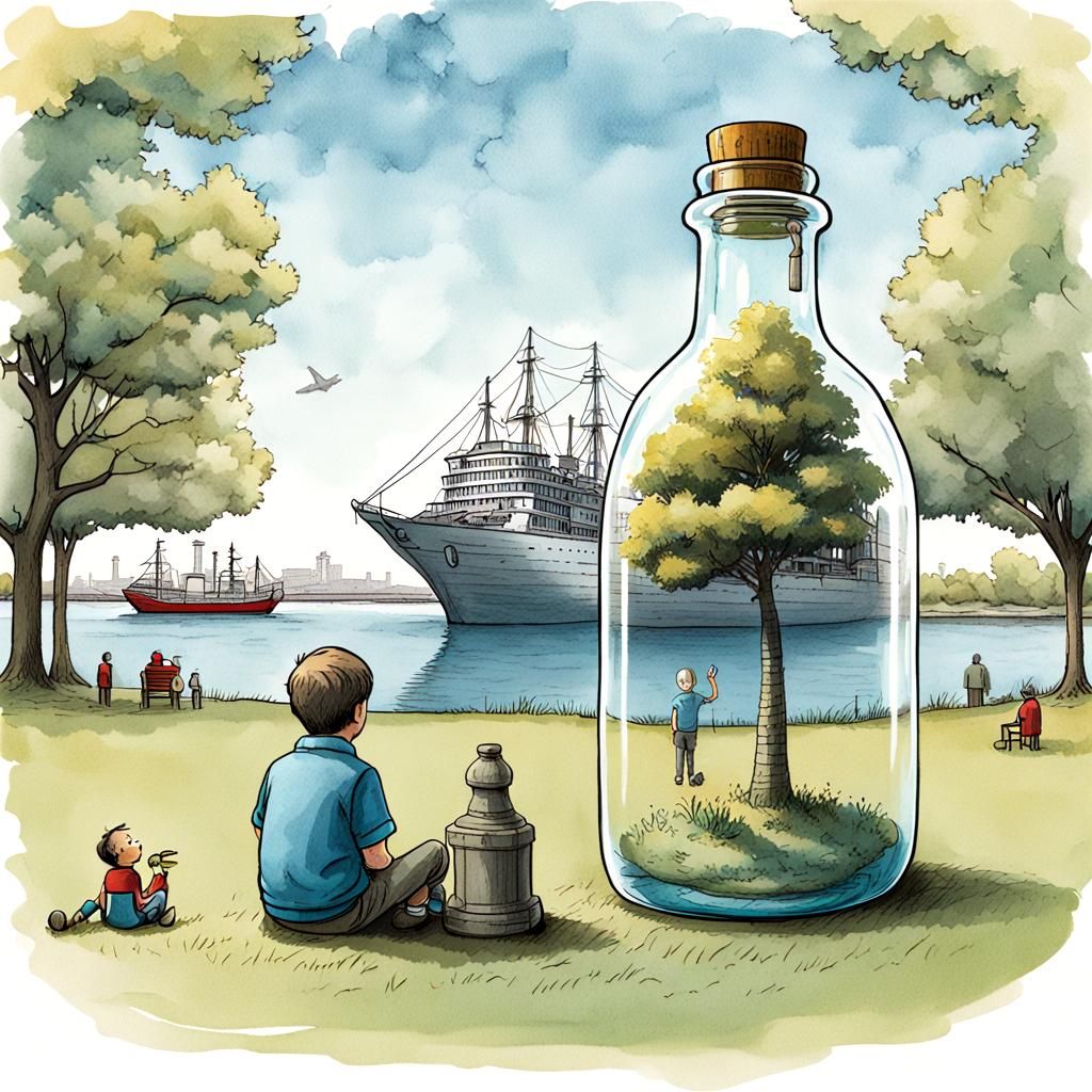 Mini Man in Bottle Gazing at Ship