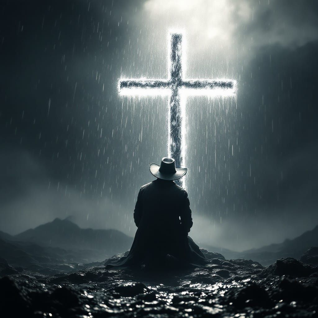 Cowboy Kneeling at Cross During Storm