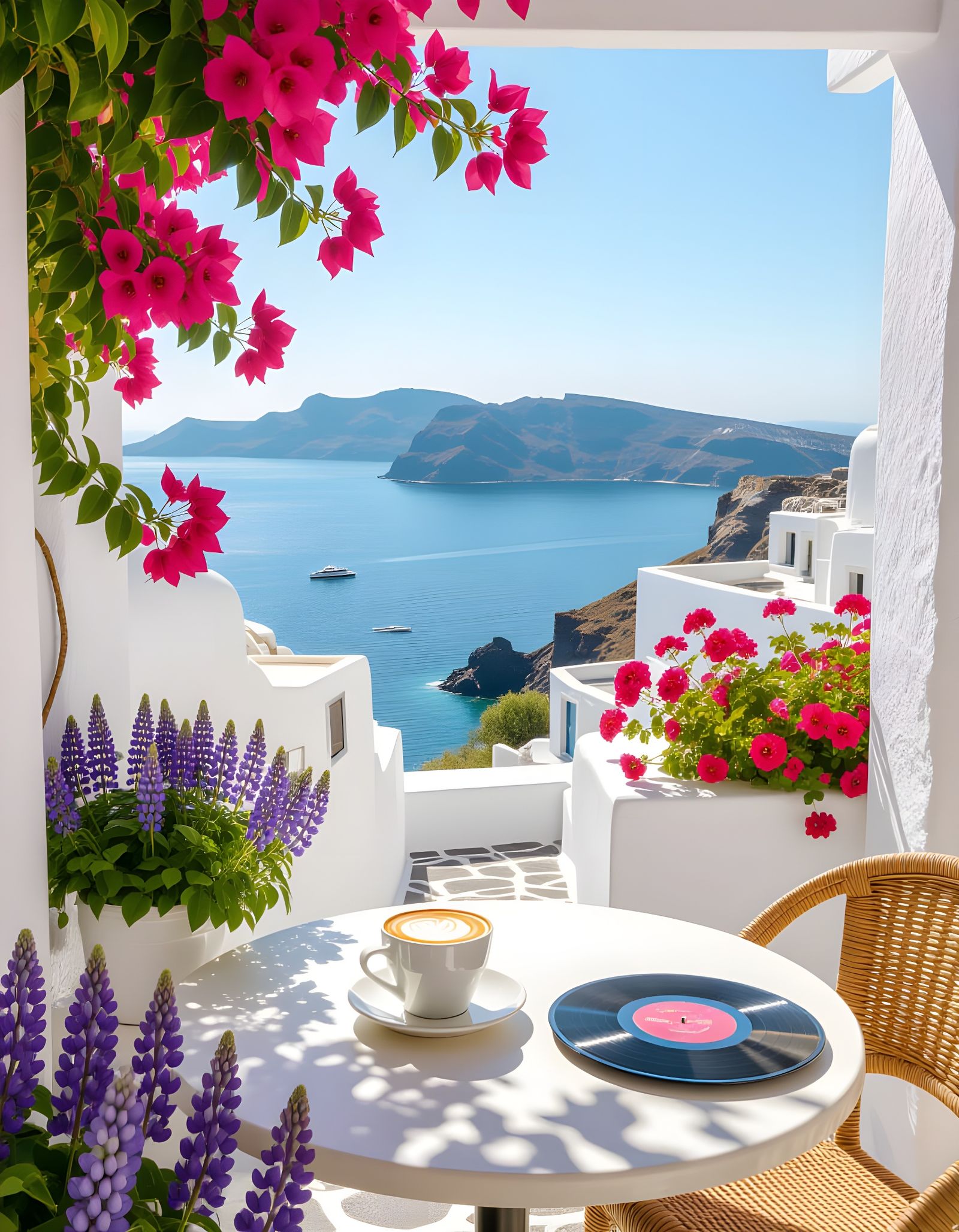 Santorini Cafe Scene with Cappuccino and Flowers