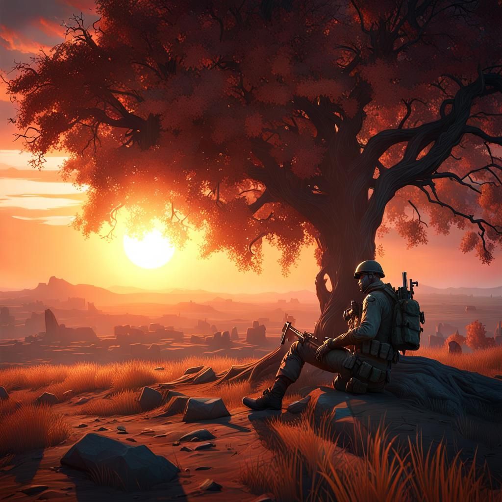 Soldier Resting in Zombie Wasteland Sunset, Cinematic Render