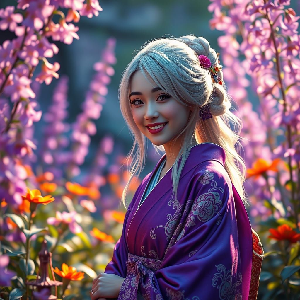 Ethereal Maiden in Vibrant Purple Garden