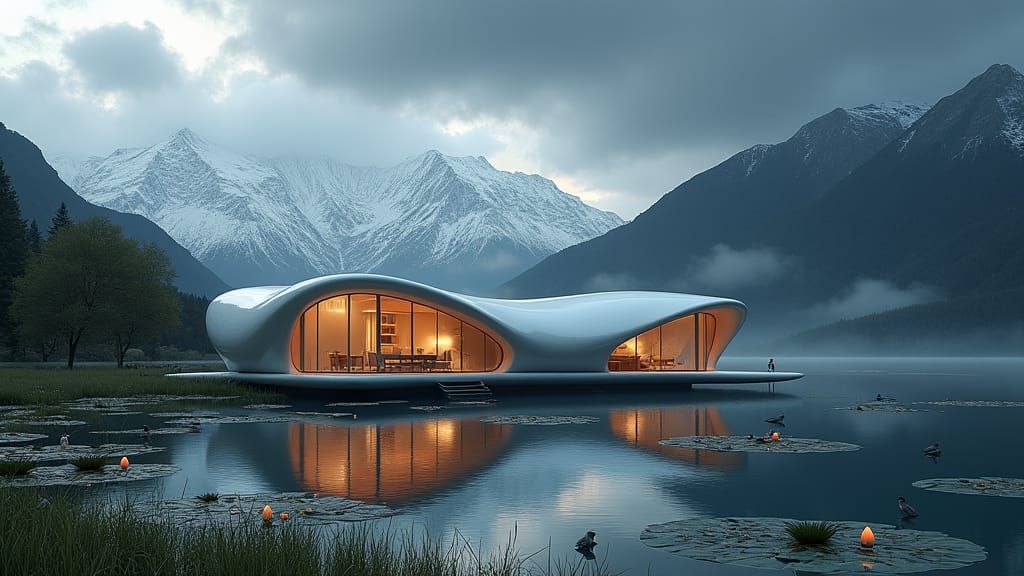 Futuristic Eco-Home by Lake Under Stormy Sky