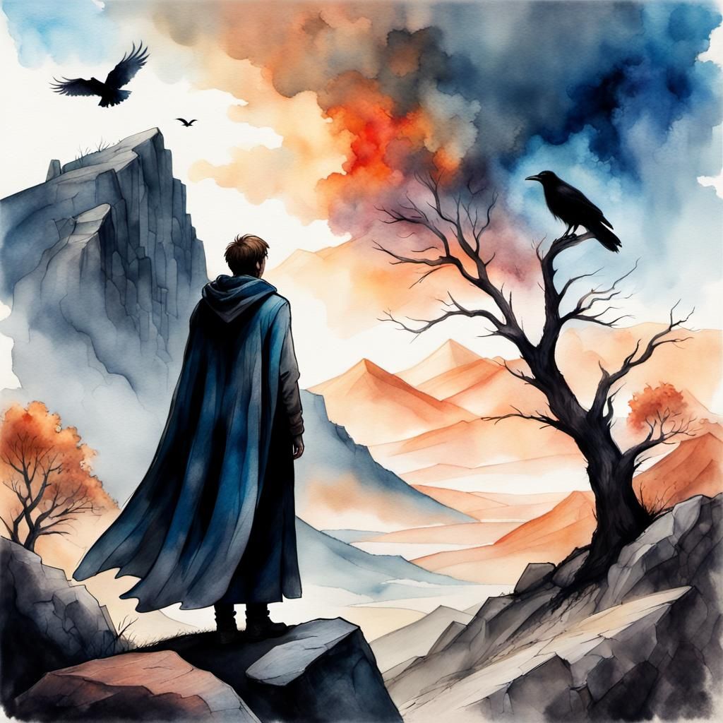 Mysterious Figure in Rocky Landscape: Watercolor Art