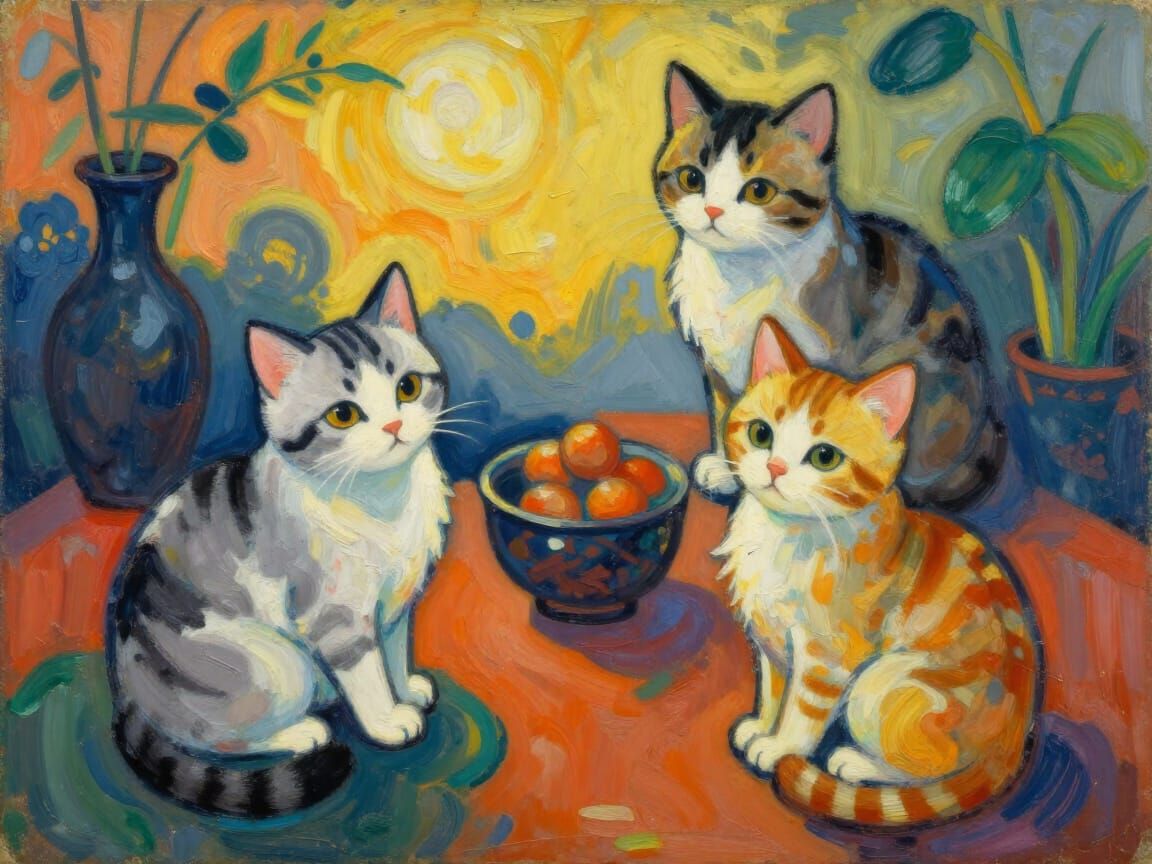 Expressionist Kittens in Golden Hour Light