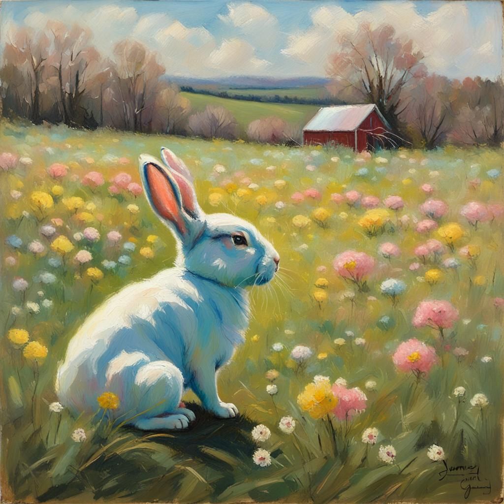 Vintage Pastel Spring Field with Bunny