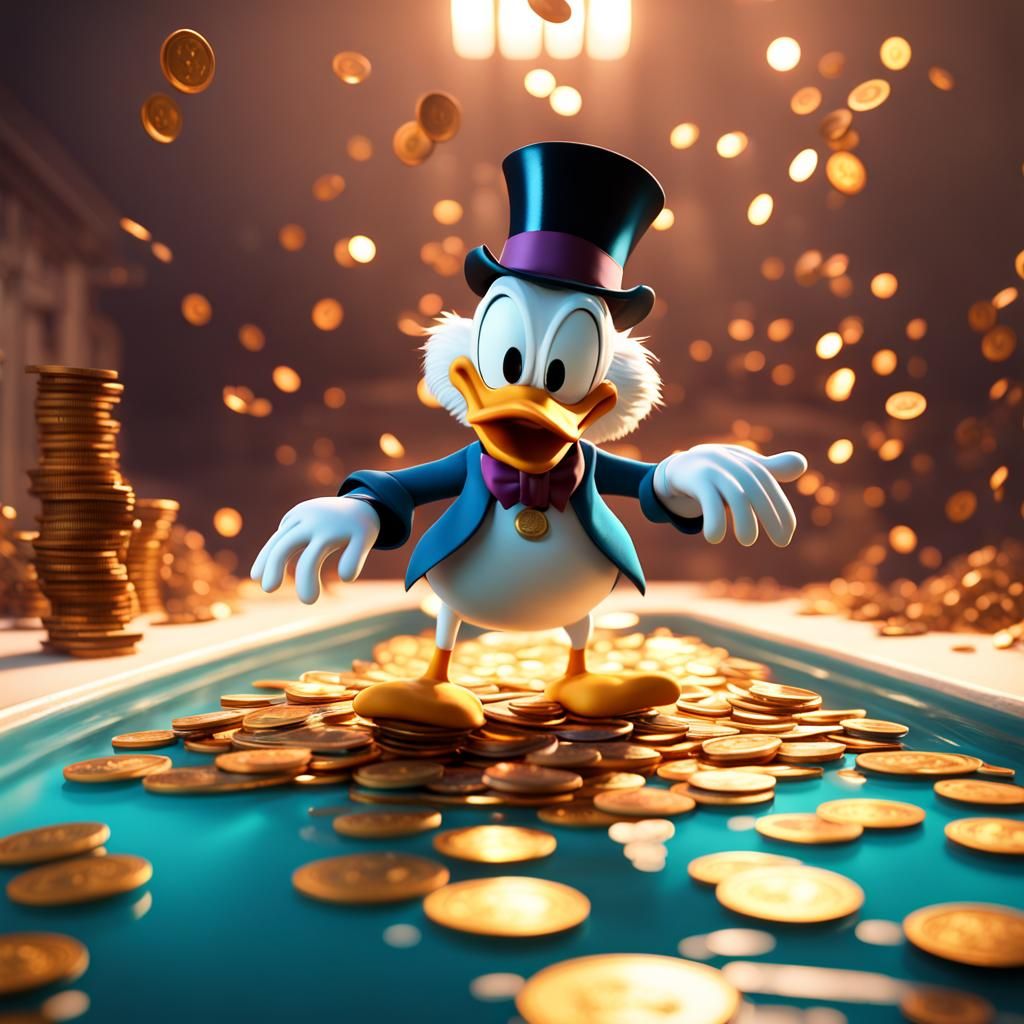 Scrooge McDuck Diving Into Coins: 3D Digital Art