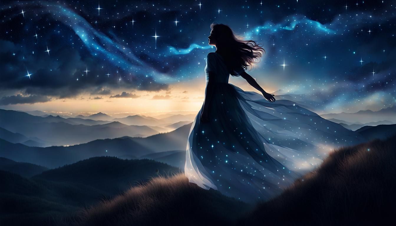 Ethereal Girl Silhouetted Under Starry Sky