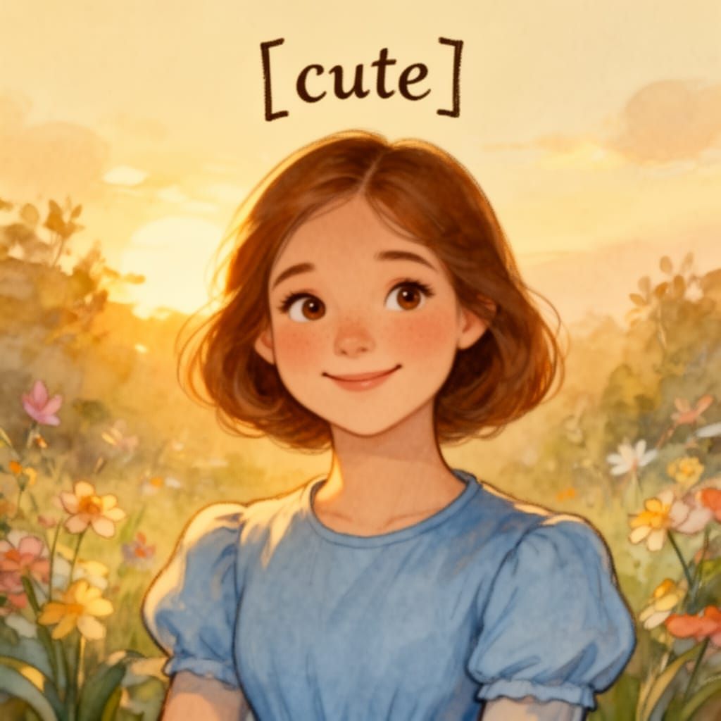 Charming Storybook Illustration of a Woman with "Cute" Text