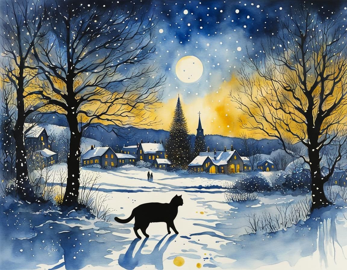 Cute Christmas winter town, of course with cat🐈‍⬛