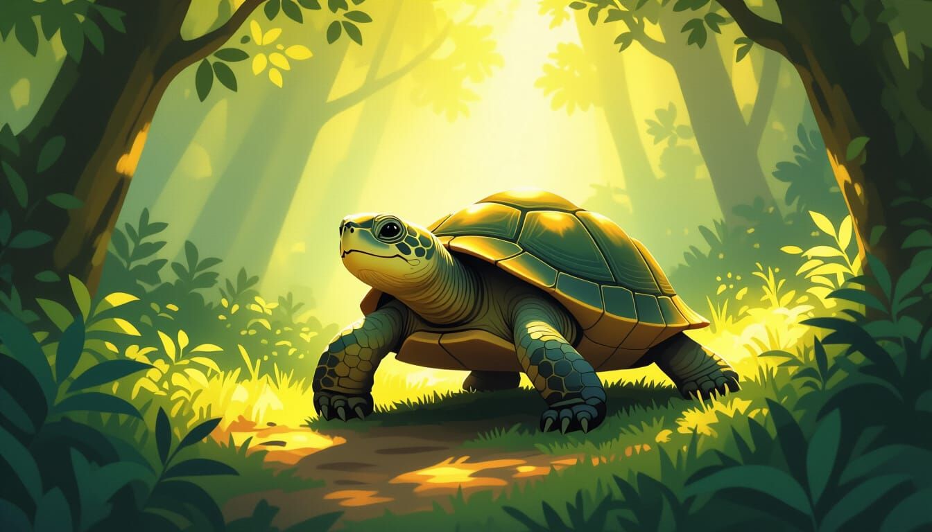 Smiling Turtle's Forest Journey: Alan Lee Style