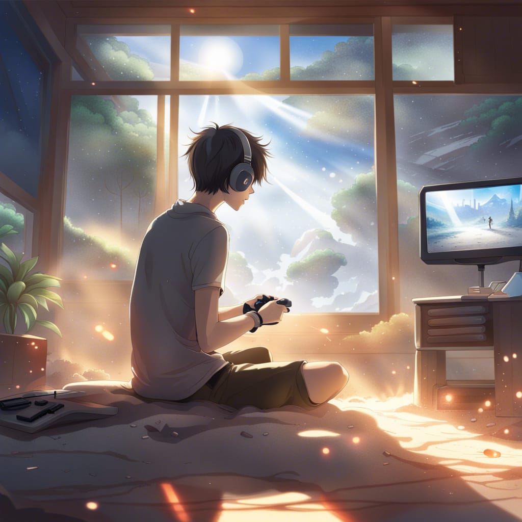 Anime Style Young Man Gaming in Tranquil Room