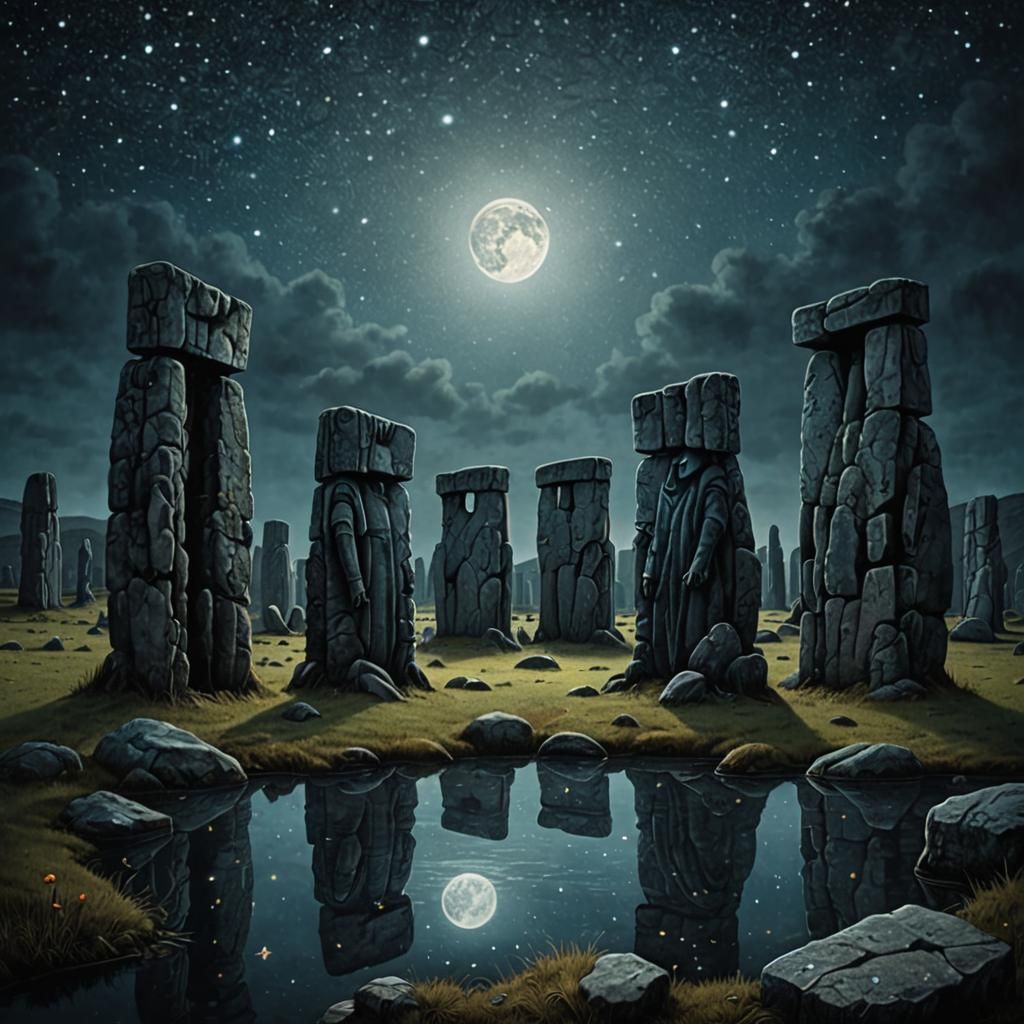 Mysterious Newts at Stonehenge in Surreal Style