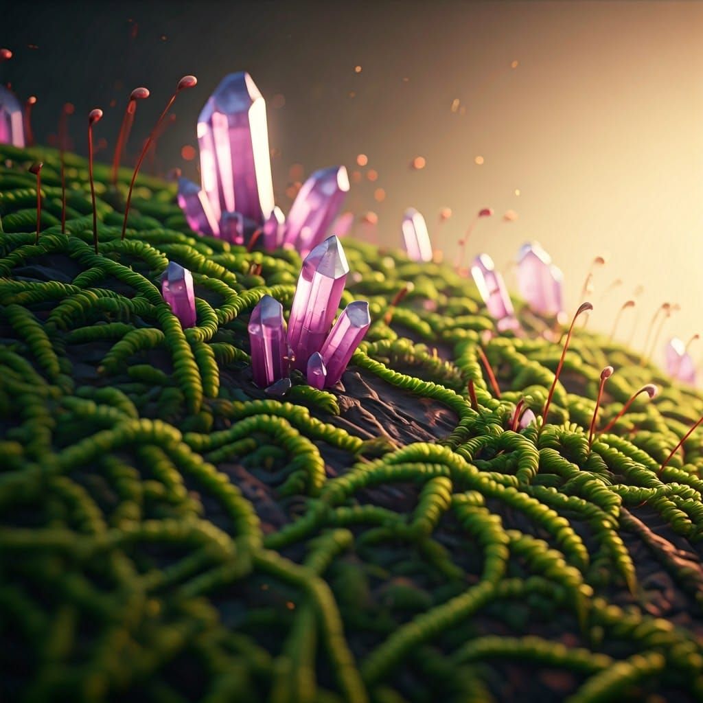 Crystals Forming on Moss in Dreamlike Digital Art