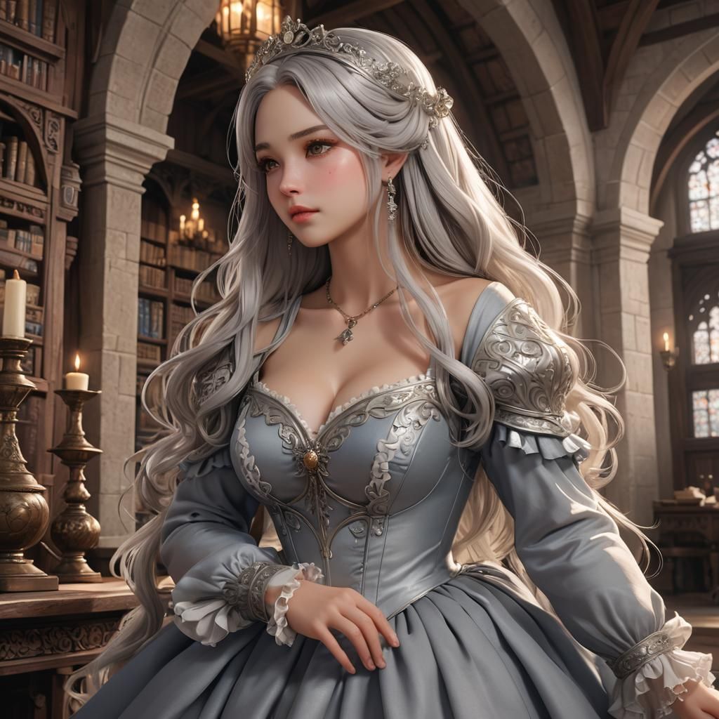 Anime Princess in Medieval Study, 3D Render