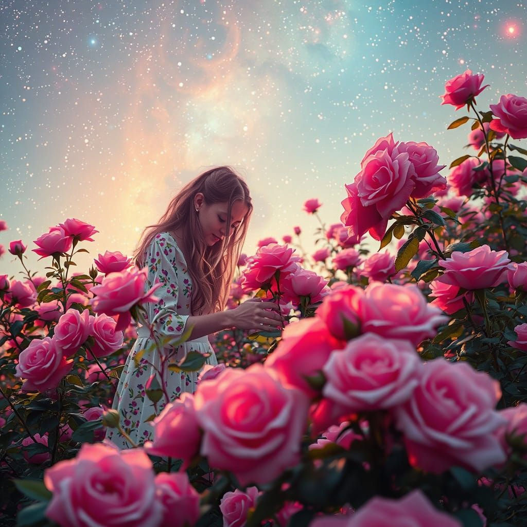 Celestial Rose Garden Blooming with Galaxy Light