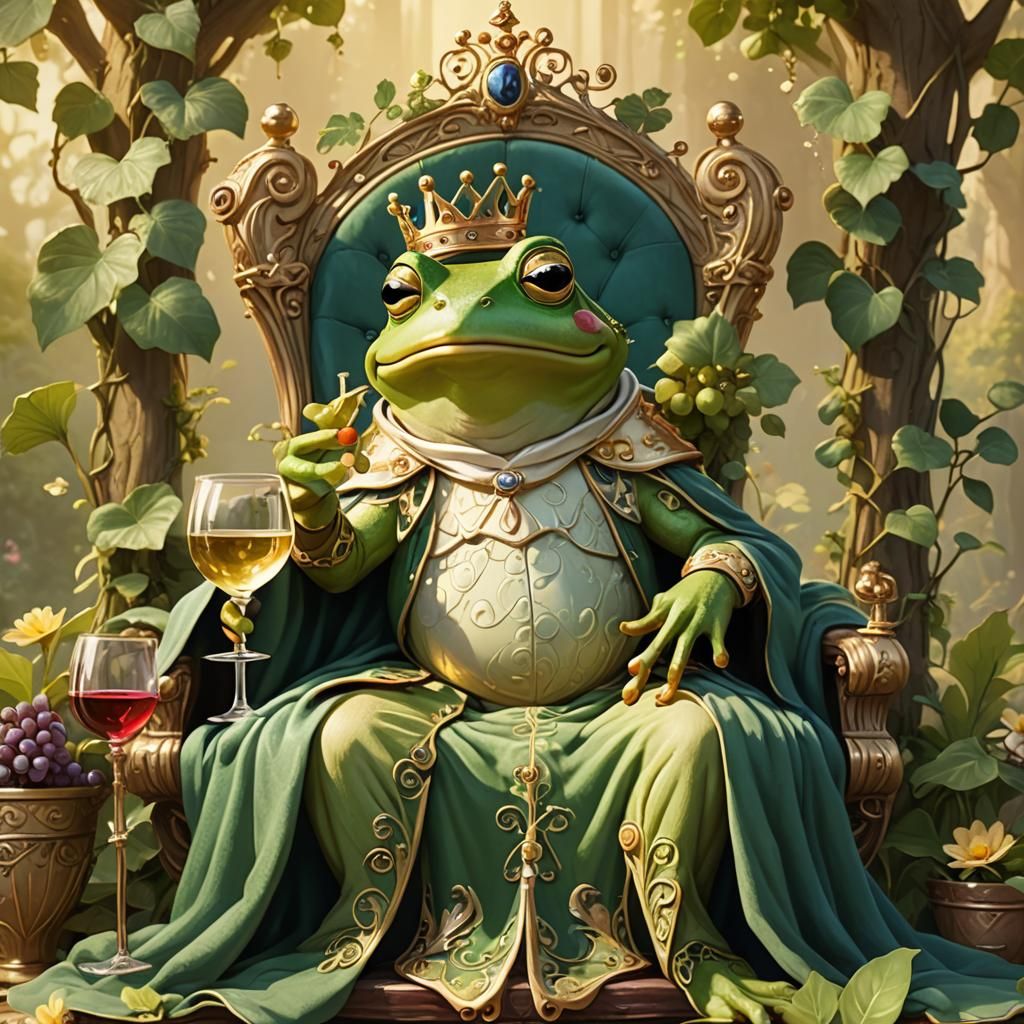 Charming Frog Prince on Vine Throne in Cartoon Style