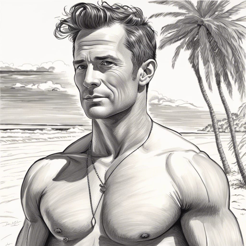 Handsome Man on Beach: Black and White Drawing