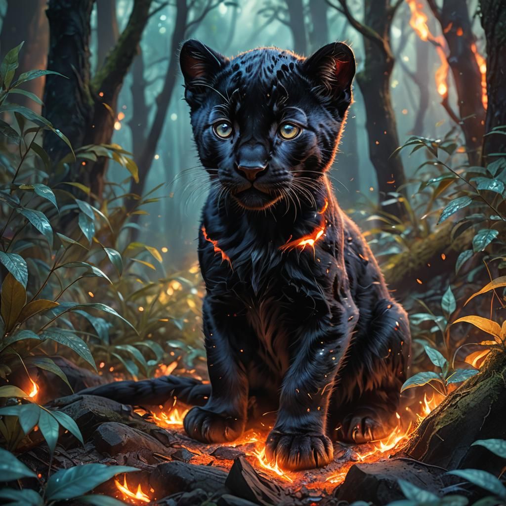 Ember Kitten in Mystical Forest: Hyper-Realistic Art