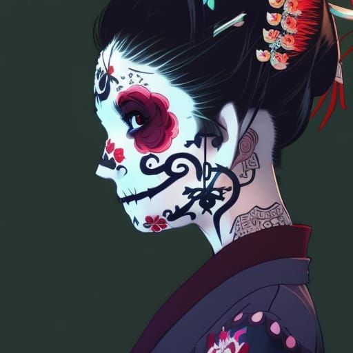 Cyberpunk Geisha in Day of the Dead Style