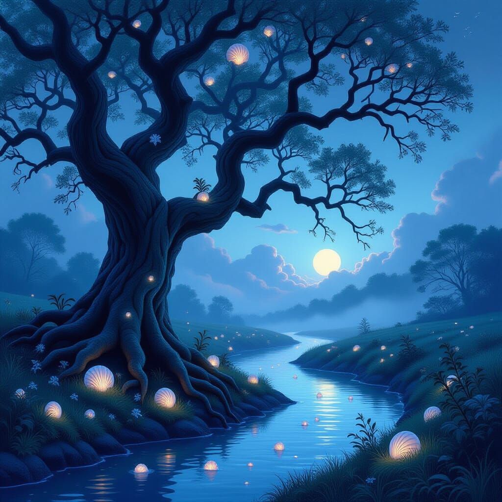 Ancient Tree Roots Entwined with Glowing Seashells at Twilig...