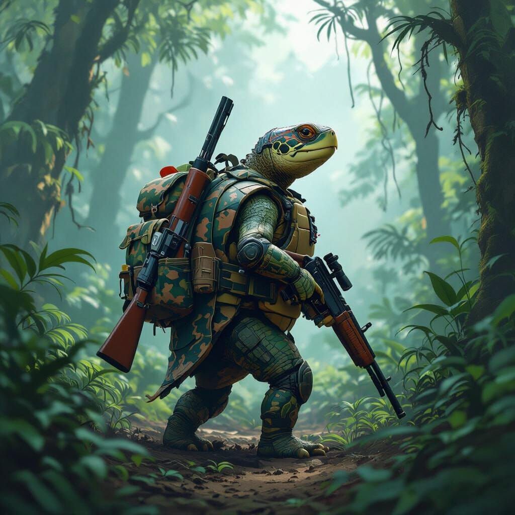 Armored Turtle in Jungle, Dystopian Digital Art