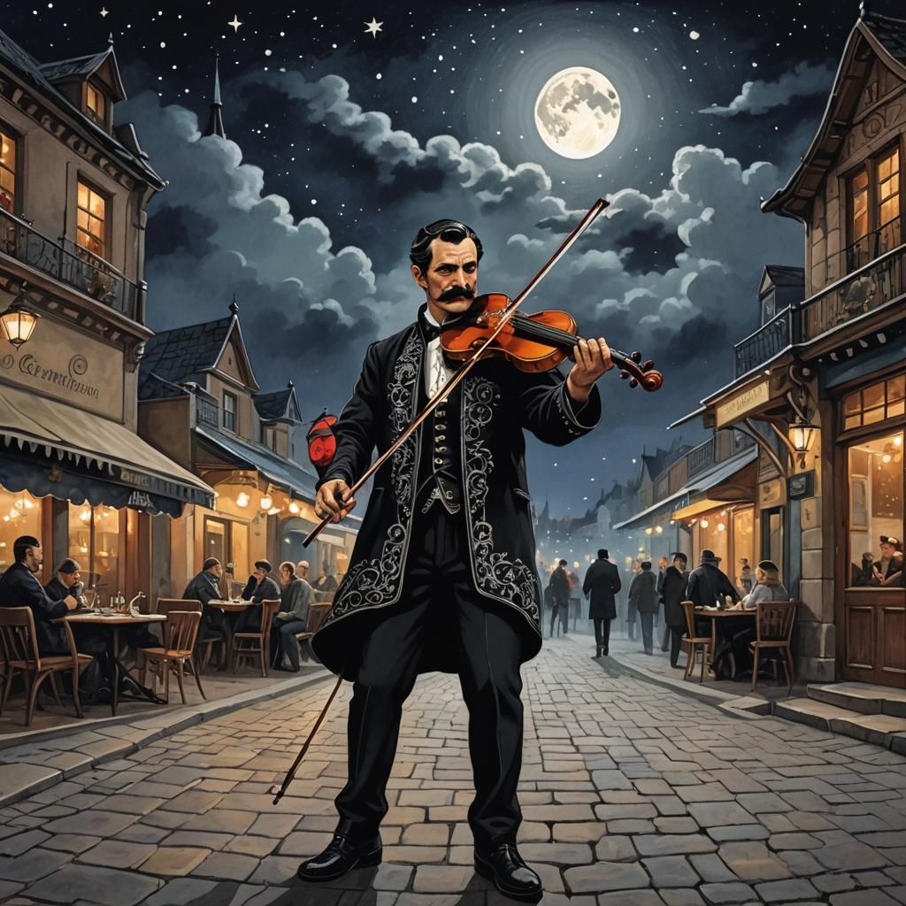 Violinist Serenade in Art Nouveau Restaurant, 3D Render