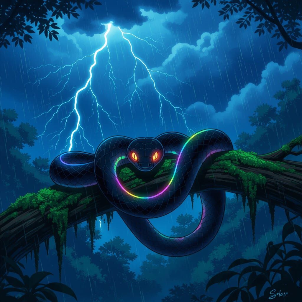 Bioluminescent Snake in Anime Rainforest