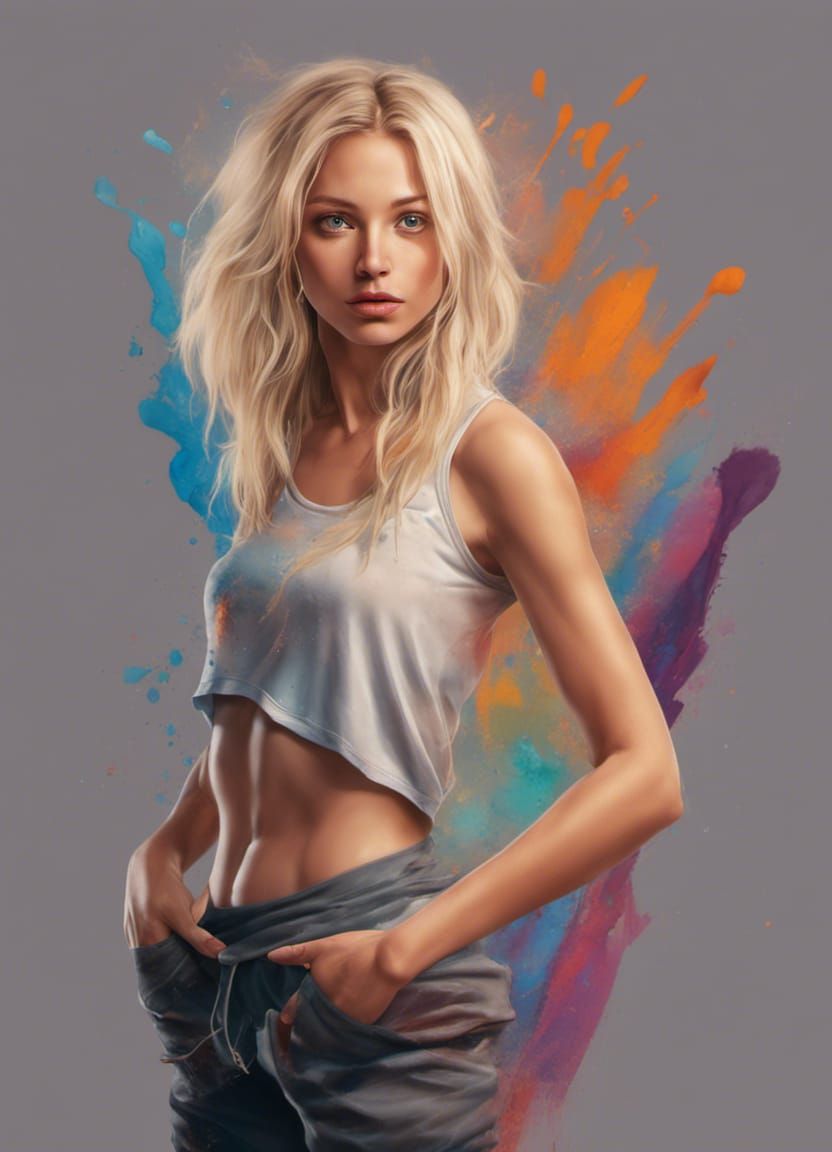 Hyperrealistic Blonde in Yoga Pants Splash Art