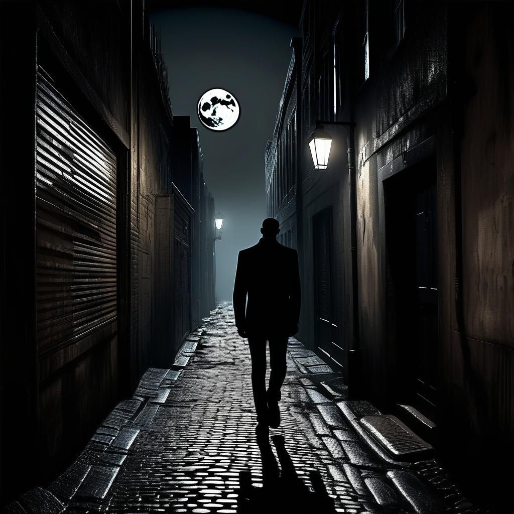 Melancholy Figure in Moody, Streetlit Alleyway