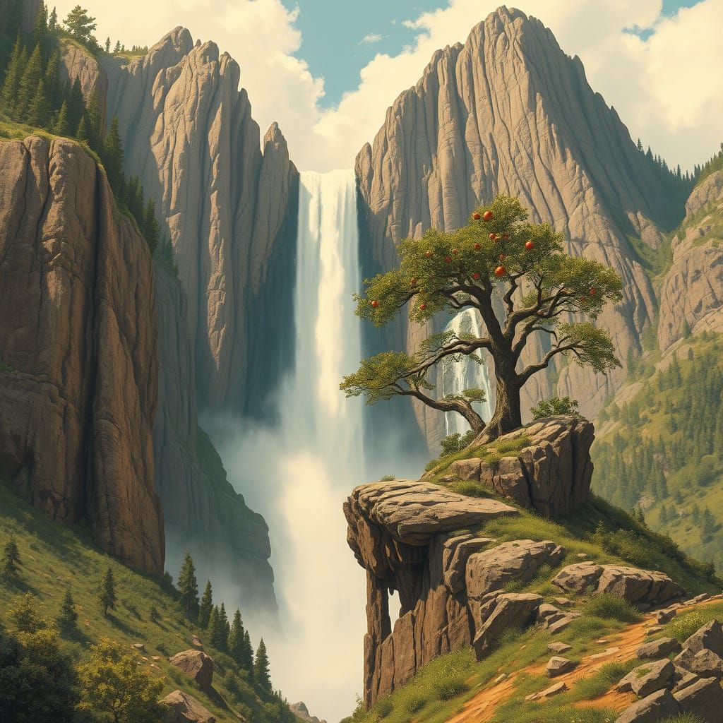 Majestic Waterfall and Ancient Mountain Landscape