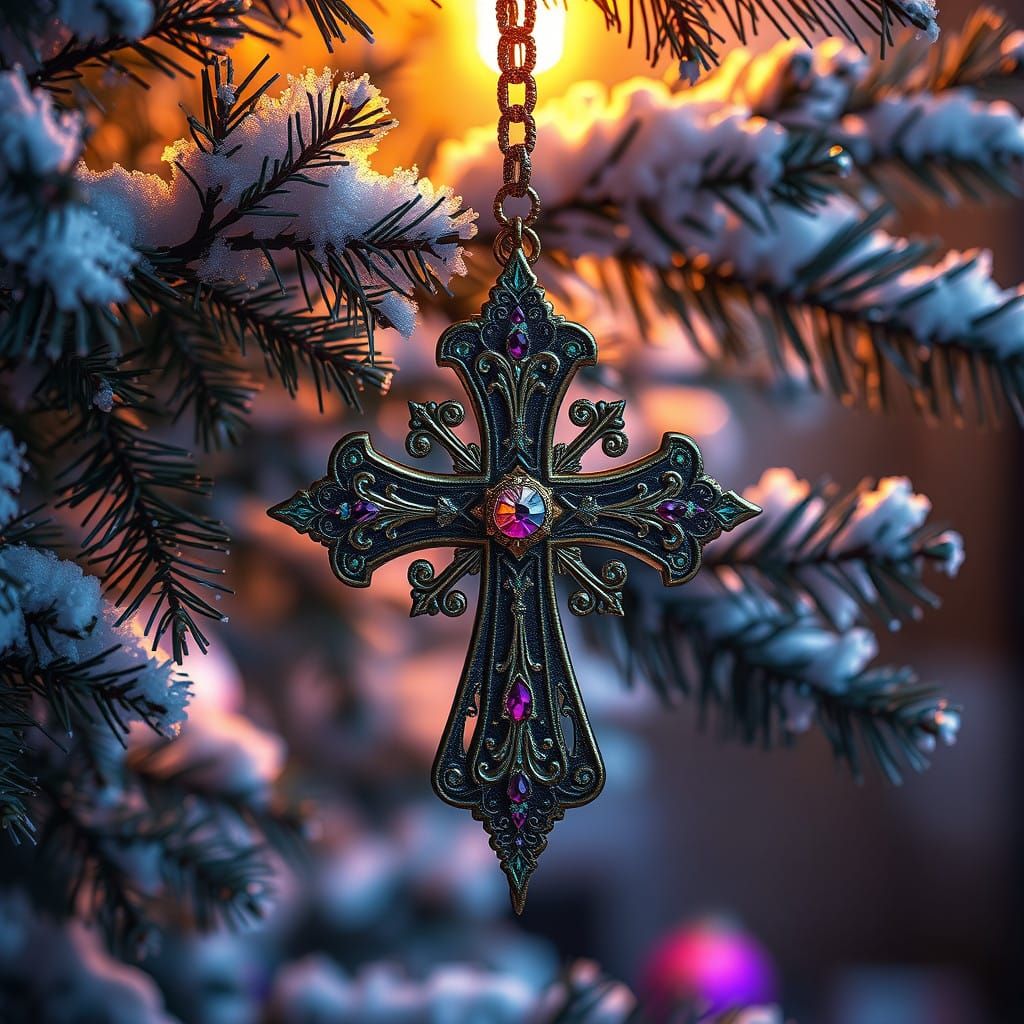 Vibrant Christian Cross Ornament Amidst Snowy Christmas Tree