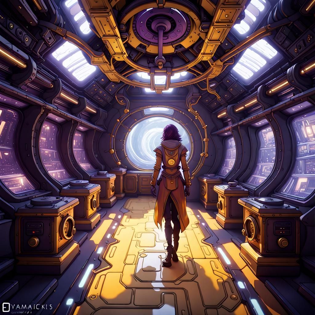 Mysterious Figure in Space Station: Dark Fantasy Art