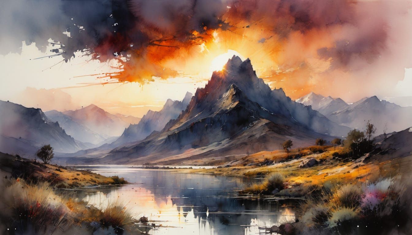 Watercolor Wilderness Scene with Dramatic Sunset