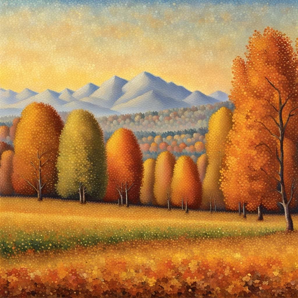 Pointillist Fall Meadow Landscape in Golden Light