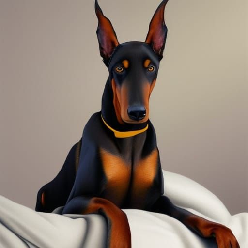 Doberman Rests on White Bed in Modern Bedroom