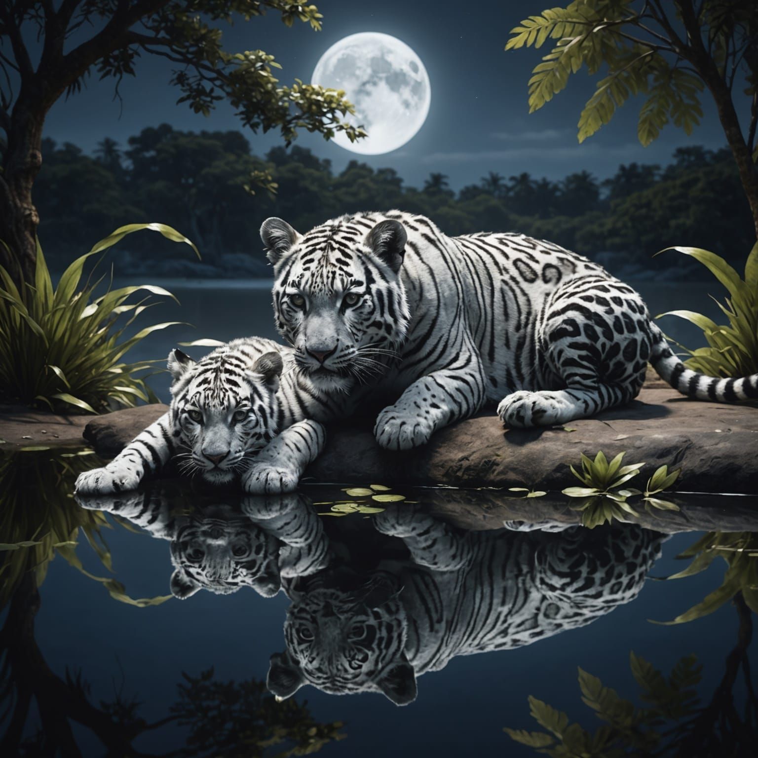 Baby Leopard and Tiger Reflections: Fantasy Concept Art