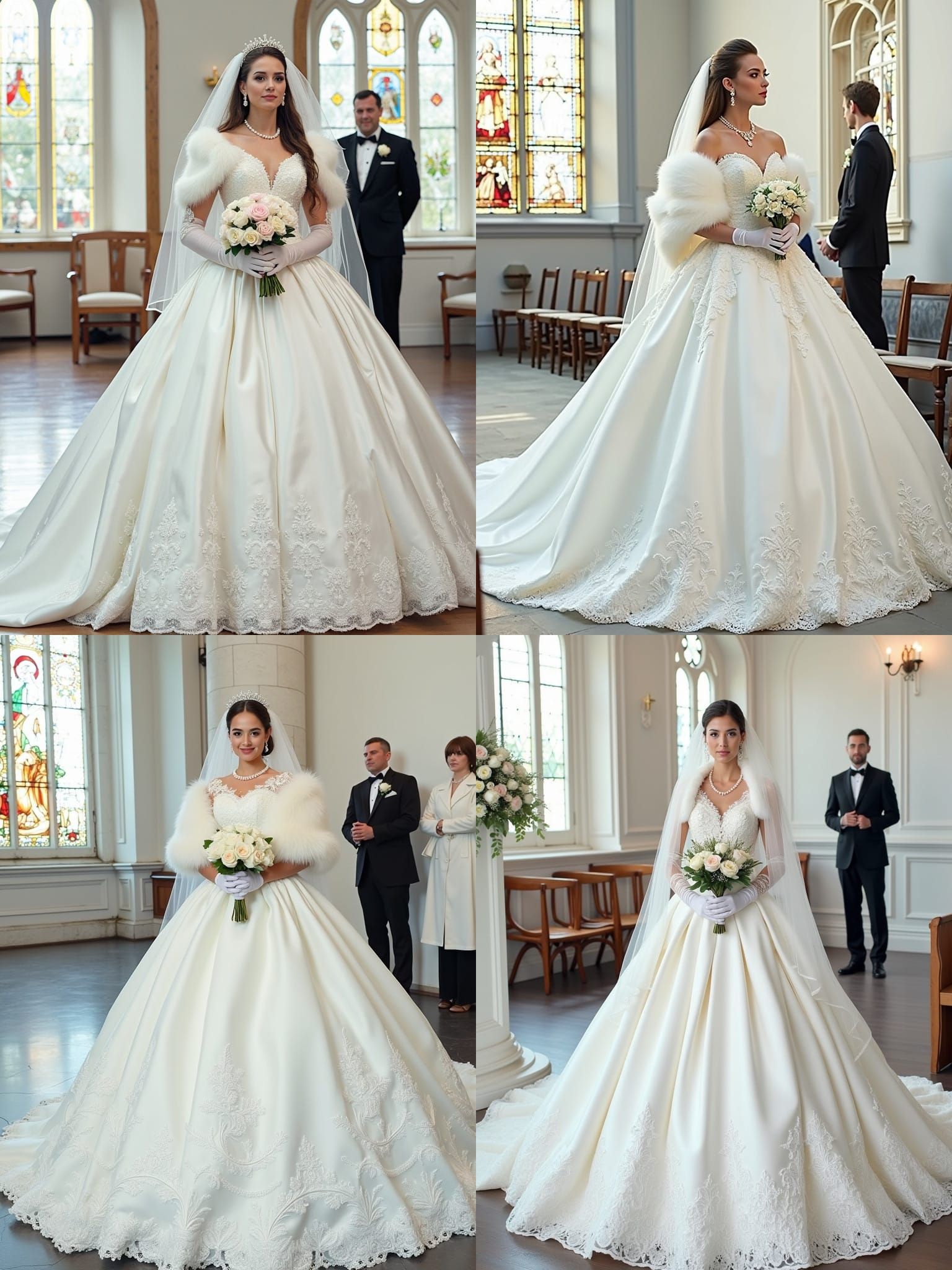 Bride in White Satin Gown with Pearl Jewelry