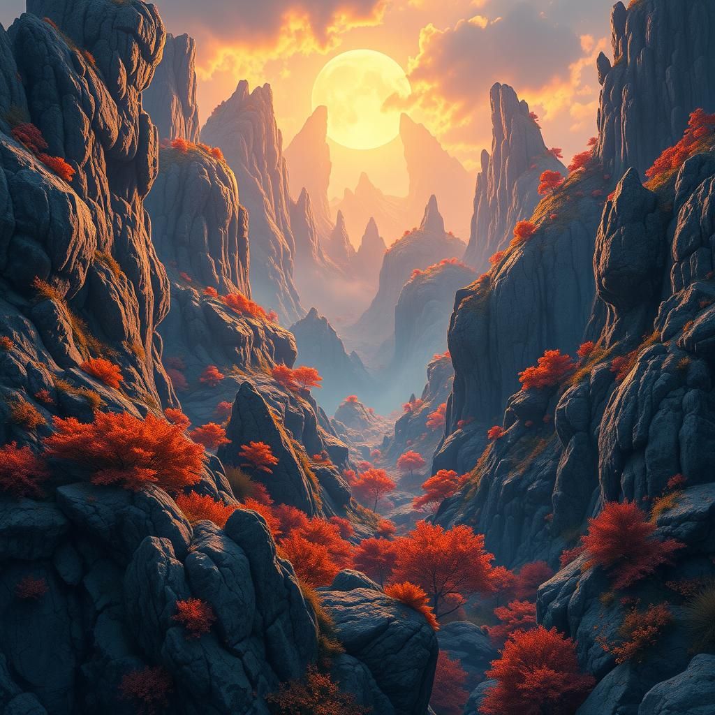 Detailed Fantasy Landscape in Cross-Stitch Style